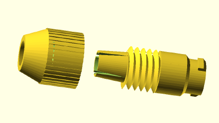 OpenSCAD-Screenshot: 3D-Render von zwei Teilen, die zusammengeschraubt eine Gelschreibermine halten.