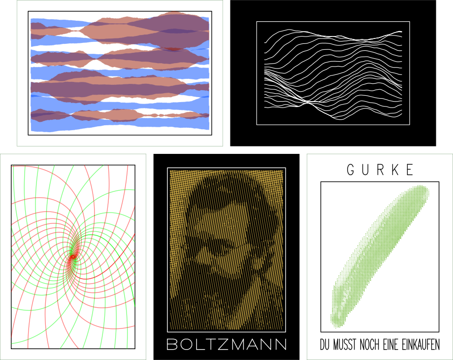 Ein paar beispielhafte Plots, wie von der Software gerendert: halbtransparente Linien, die aufeinander gesetzt gefüllte Flächen ergeben; eine Art Landschaft basierend auf Perlin-Rauschen; Trajektorien aus einer Differentialgleichungssimulation; Bilder, die durch variable Schraffur entstehen.
