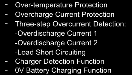 Exzerpt aus dem Datenblatt des XB5358D0. Aufgelistet sind: Over-temperature Protection, Overcharge Current Protection, Three-step Overcurrent Detection: Overdischarge Current 1, Overdischarge Current 2, Load Short Circuiting