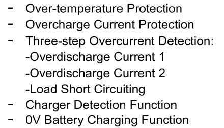 Exzerpt aus dem Datenblatt des XB5358D0. Aufgelistet sind: Over-temperature Protection, Overcharge Current Protection, Three-step Overcurrent Detection: Overdischarge Current 1, Overdischarge Current 2, Load Short Circuiting